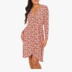 NWT-Luxology-L-burnt orange& white floral-V-neck, wrap front, midi dress.